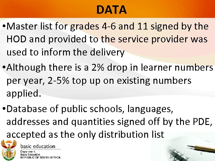 DATA • Master list for grades 4 -6 and 11 signed by the HOD