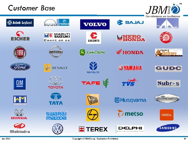 Customer Base Jan 2011 Copyright of JBM Group. Duplication Prohibited. 10 