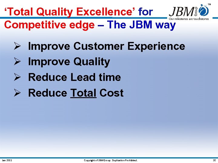 ‘Total Quality Excellence’ for Competitive edge – The JBM way Ø Ø Jan 2011