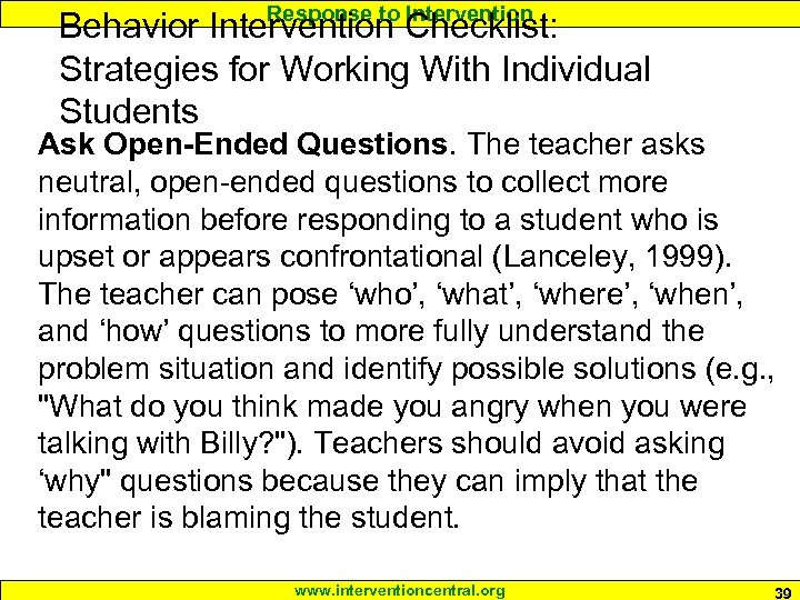 Response to Intervention Behavior Intervention Checklist: Strategies for Working With Individual Students Ask Open-Ended