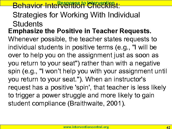 Response to Intervention Behavior Intervention Checklist: Strategies for Working With Individual Students Emphasize the