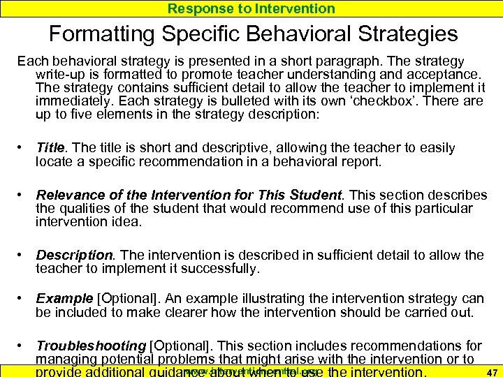 Response to Intervention Formatting Specific Behavioral Strategies Each behavioral strategy is presented in a