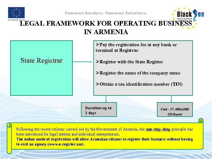 LEGAL FRAMEWORK FOR OPERATING BUSINESS IN ARMENIA ØPay the registration fee at any bank