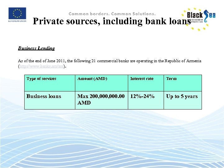 Private sources, including bank loans Business Lending As of the end of June 2011,