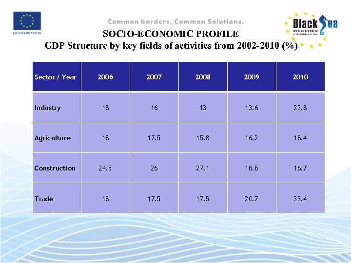 SOCIO-ECONOMIC PROFILE GDP Structure by key fields of activities from 2002 -2010 (%) Sector