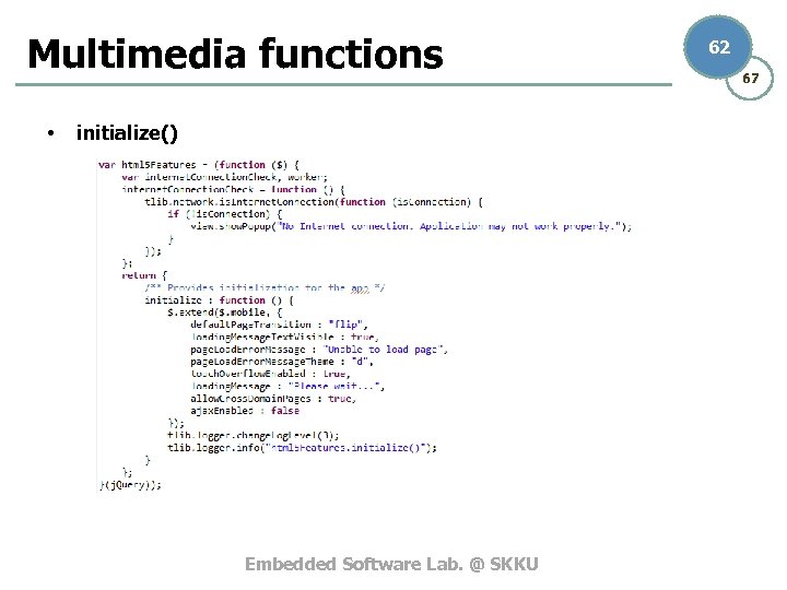 Multimedia functions • initialize() Embedded Software Lab. @ SKKU 62 67 