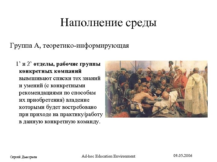 Наполнение среды Группа А, теоретико-информирующая 1’ и 2’ отделы, рабочие группы конкретных компаний вывешивают