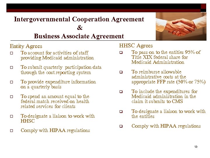 Intergovernmental Cooperation Agreement & Business Associate Agreement Entity Agrees o To account for activities
