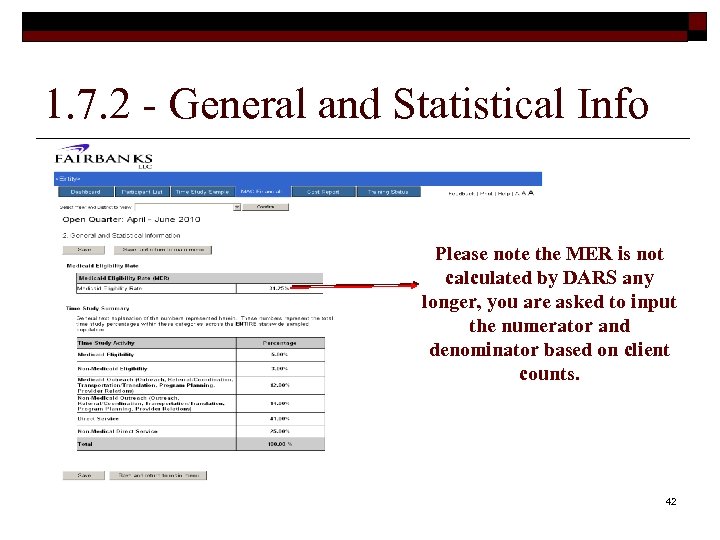 1. 7. 2 - General and Statistical Info Please note the MER is not