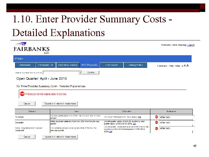1. 10. Enter Provider Summary Costs Detailed Explanations 45 