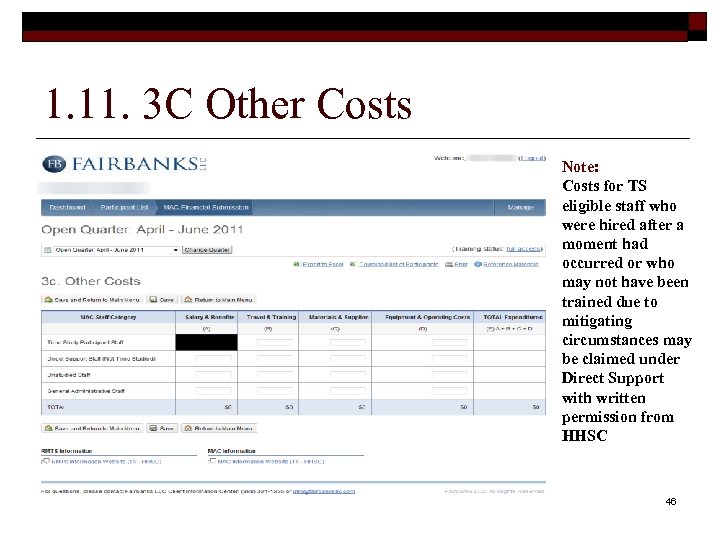 1. 11. 3 C Other Costs Note: Costs for TS eligible staff who were