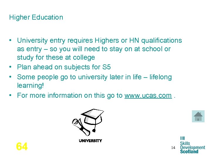 Higher Education • University entry requires Highers or HN qualifications as entry – so