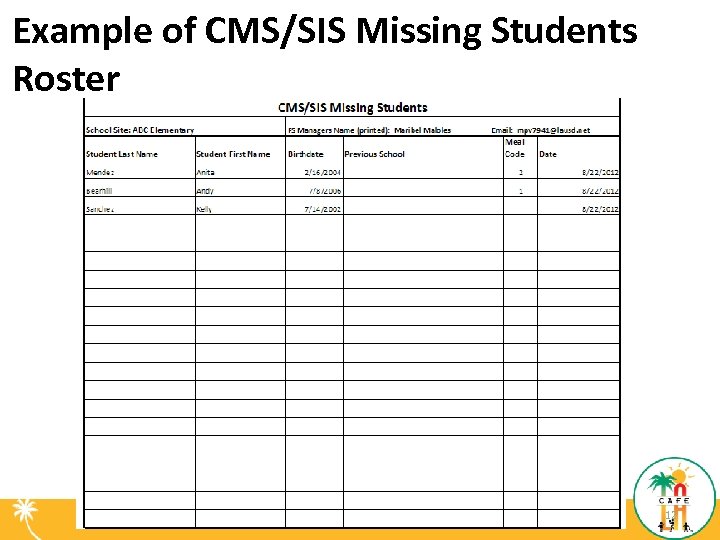 Example of CMS/SIS Missing Students Roster 12 