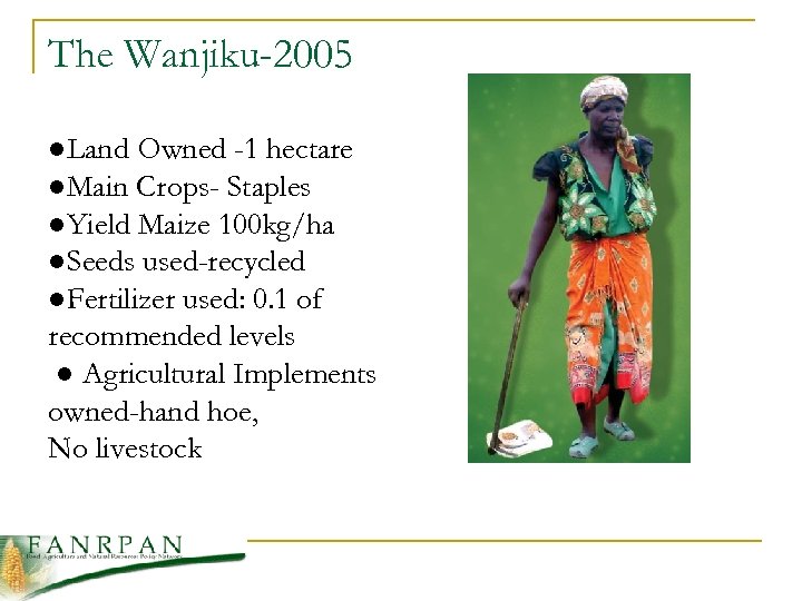 The Wanjiku-2005 ●Land Owned -1 hectare ●Main Crops- Staples ●Yield Maize 100 kg/ha ●Seeds