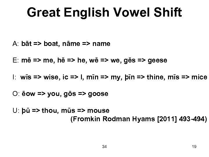 Great English Vowel Shift A: bāt => boat, nāme => name E: mē =>