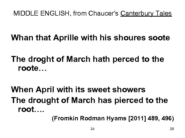 MIDDLE ENGLISH, from Chaucer’s Canterbury Tales Whan that Aprille with his shoures soote The