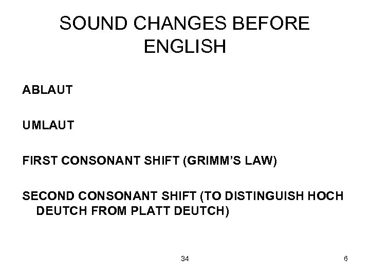 SOUND CHANGES BEFORE ENGLISH ABLAUT UMLAUT FIRST CONSONANT SHIFT (GRIMM’S LAW) SECOND CONSONANT SHIFT