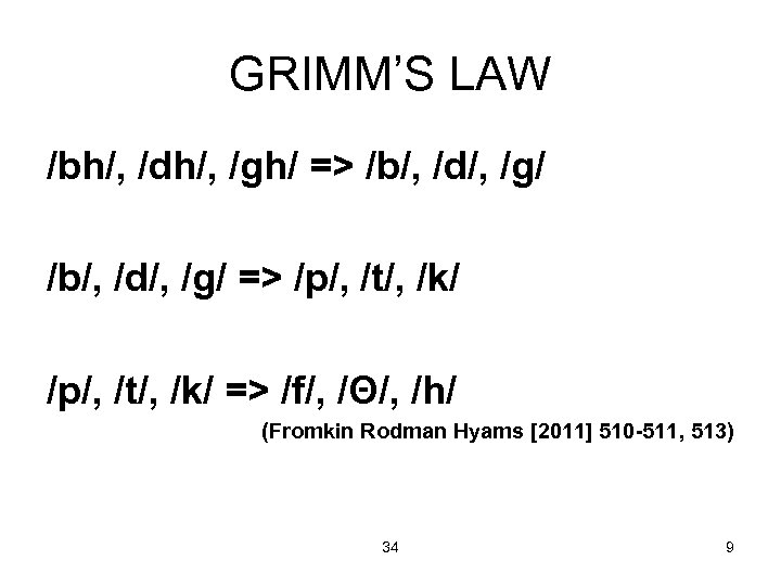 GRIMM’S LAW /bh/, /dh/, /gh/ => /b/, /d/, /g/ => /p/, /t/, /k/ =>