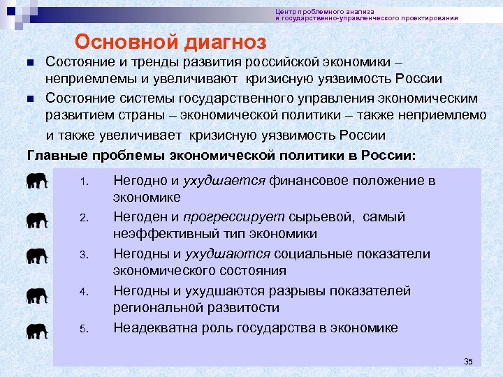 Центр проблемного анализа и государственно-управленческого проектирования Основной диагноз Состояние и тренды развития российской экономики