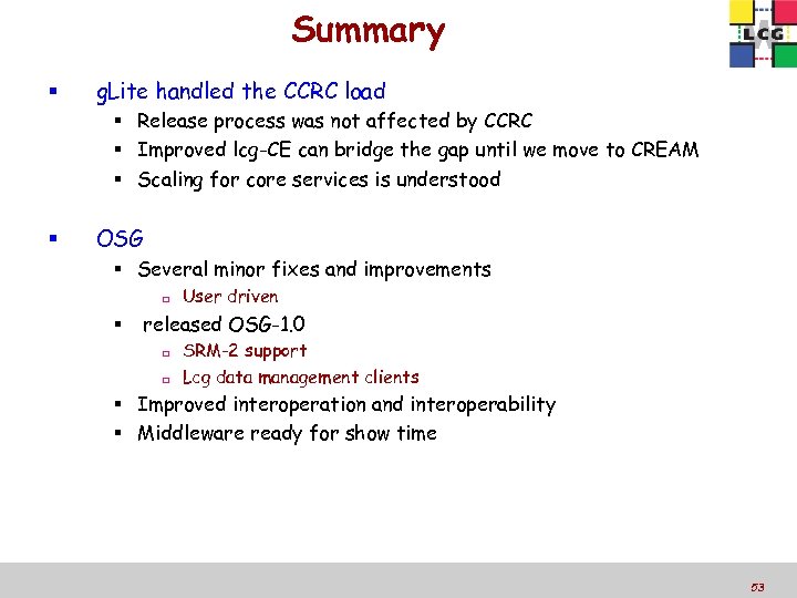 Summary g. Lite handled the CCRC load Release process was not affected by CCRC