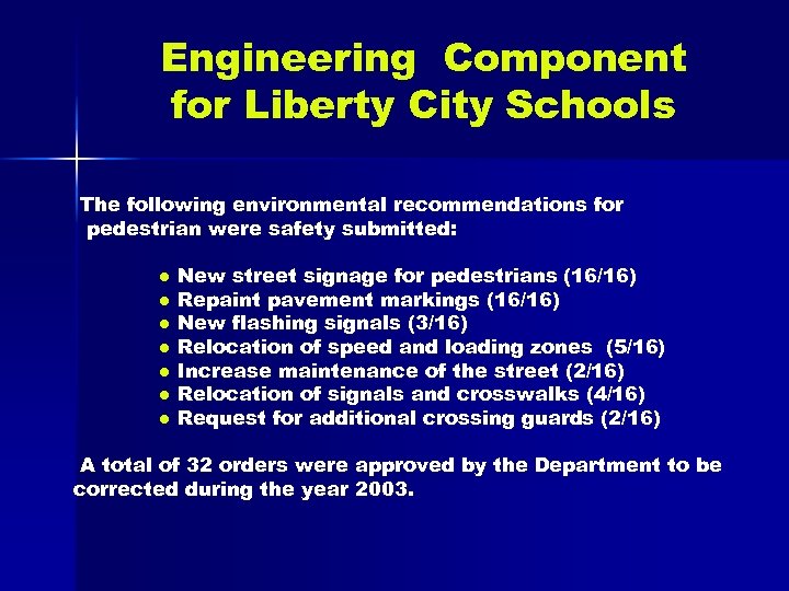Engineering Component for Liberty City Schools The following environmental recommendations for pedestrian were safety