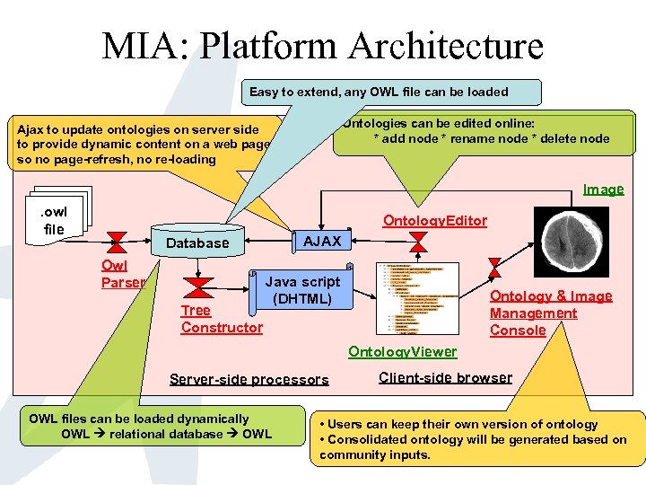 MIA: Platform Architecture Easy to extend, any OWL file can be loaded Ontologies can
