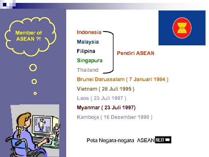 Member of ASEAN ? ! Indonesia Malaysia Filipina Pendiri ASEAN Singapura Thailand Brunei Darussalam