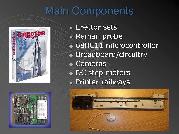 Main Components u u u u Erector sets Raman probe 68 HC 11 microcontroller