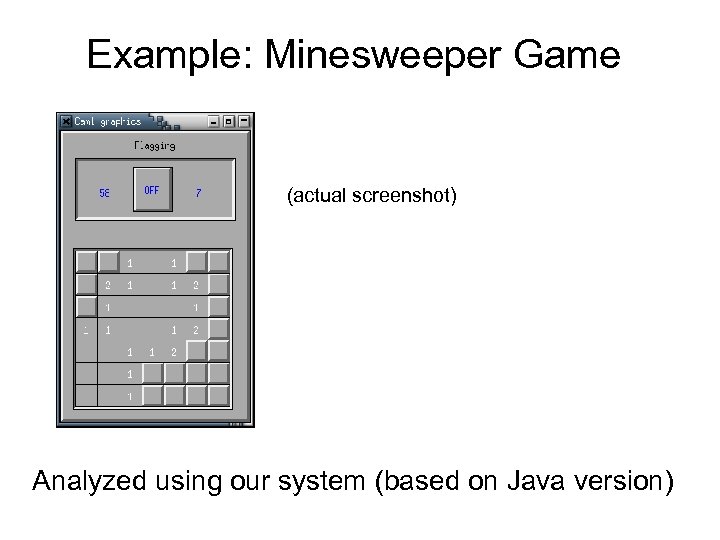 Example: Minesweeper Game (actual screenshot) Analyzed using our system (based on Java version) 