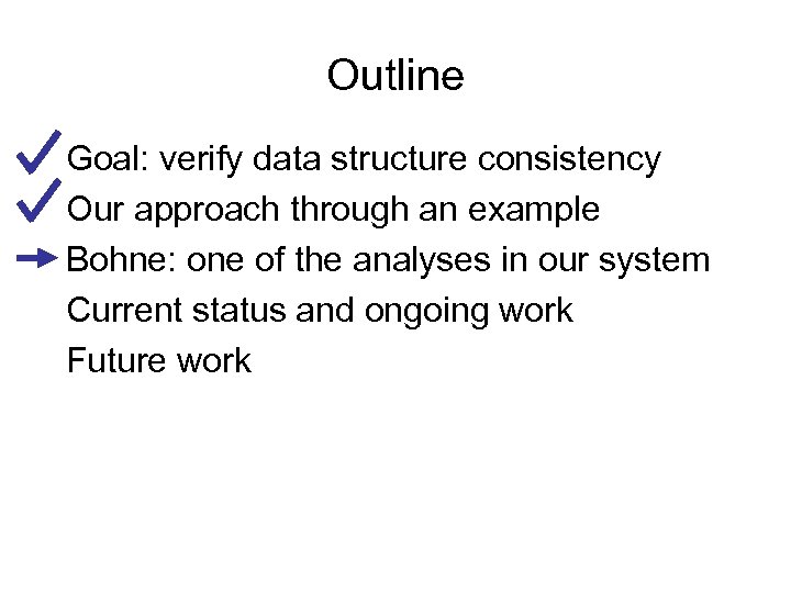 Outline Goal: verify data structure consistency Our approach through an example Bohne: one of