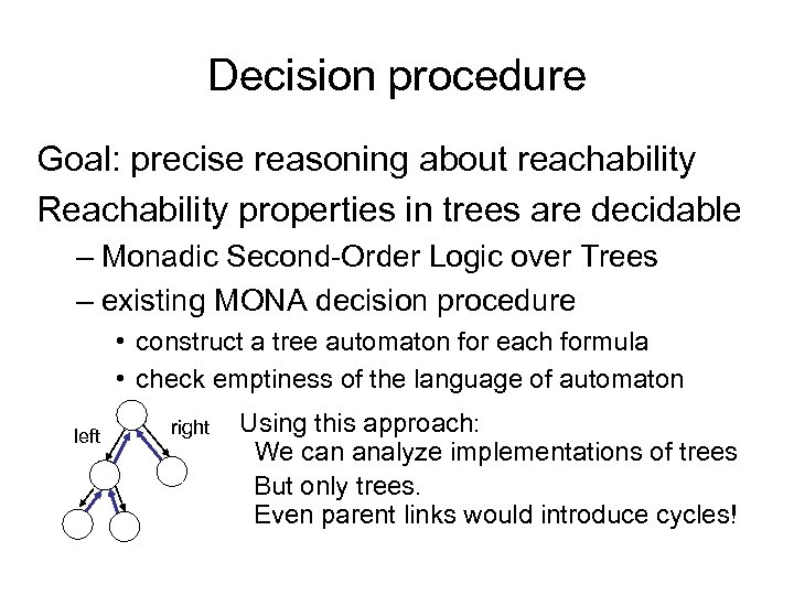 Decision procedure Goal: precise reasoning about reachability Reachability properties in trees are decidable –