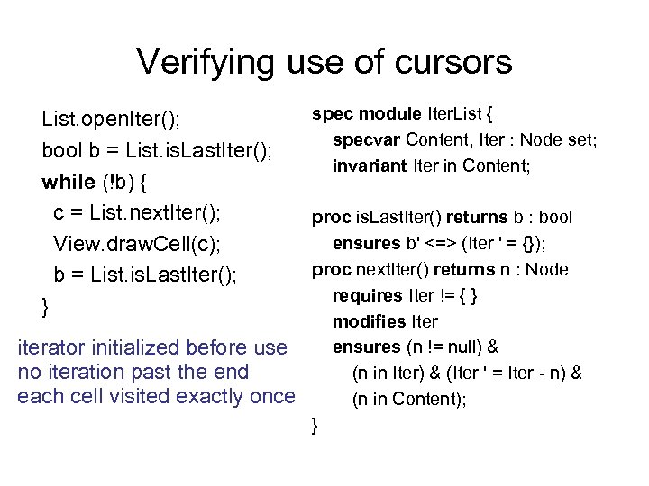 Verifying use of cursors List. open. Iter(); bool b = List. is. Last. Iter();