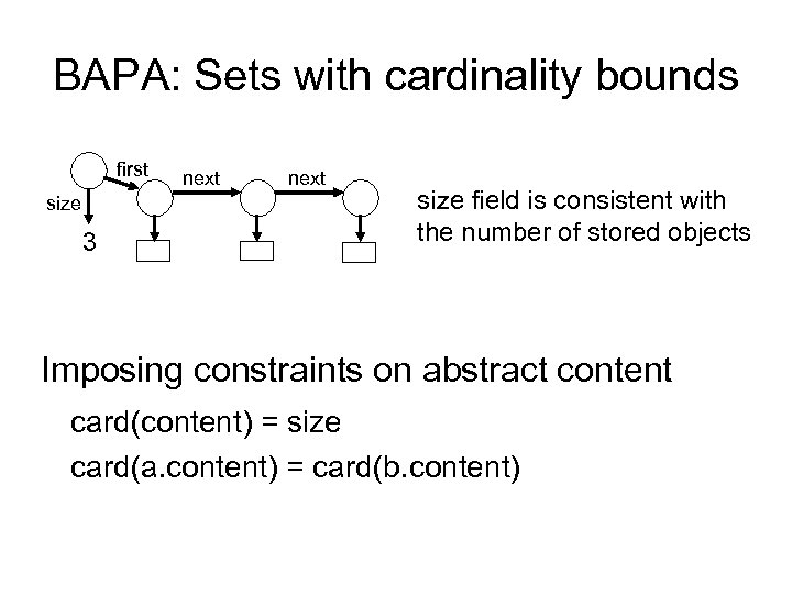 BAPA: Sets with cardinality bounds first size 3 next size field is consistent with