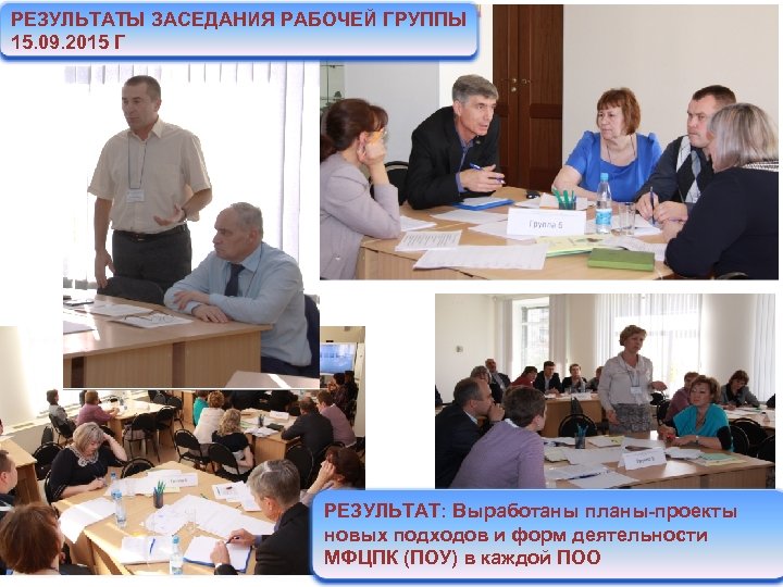 РЕЗУЛЬТАТЫ ЗАСЕДАНИЯ РАБОЧЕЙ ГРУППЫ 15. 09. 2015 Г РЕЗУЛЬТАТ: Выработаны планы-проекты новых подходов и