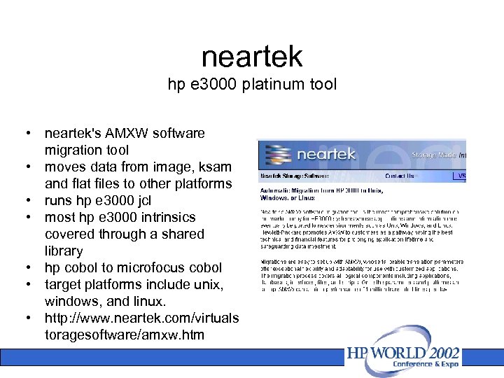 neartek hp e 3000 platinum tool • neartek's AMXW software migration tool • moves