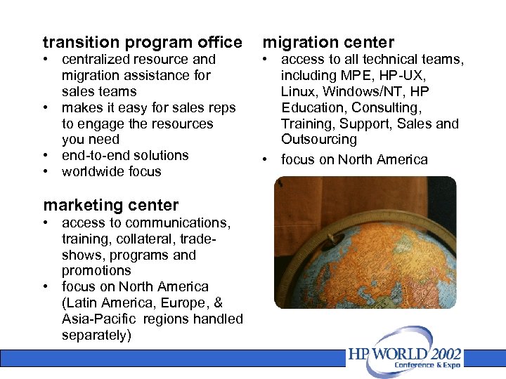 transition program office migration center • centralized resource and migration assistance for sales teams