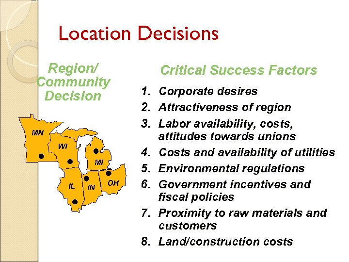 Location Decisions Region/ Community Decision MN WI MI IL IN OH Critical Success Factors