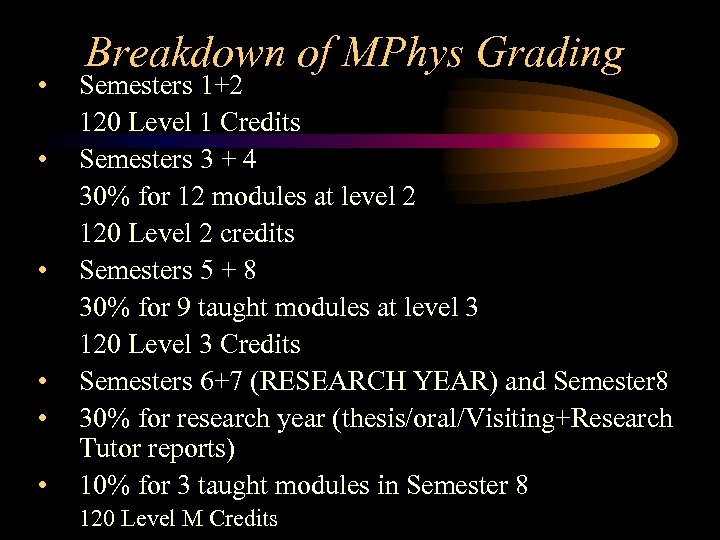  • • • Breakdown of MPhys Grading Semesters 1+2 120 Level 1 Credits