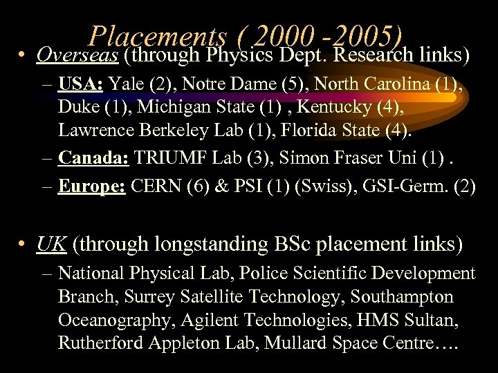 Placements ( 2000 -2005) • Overseas (through Physics Dept. Research links) – USA: Yale