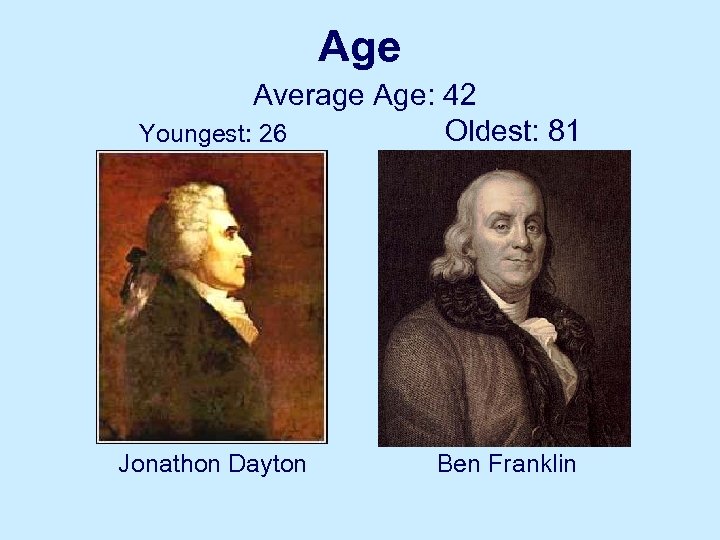 Age Average Age: 42 Oldest: 81 Youngest: 26 Jonathon Dayton Ben Franklin 