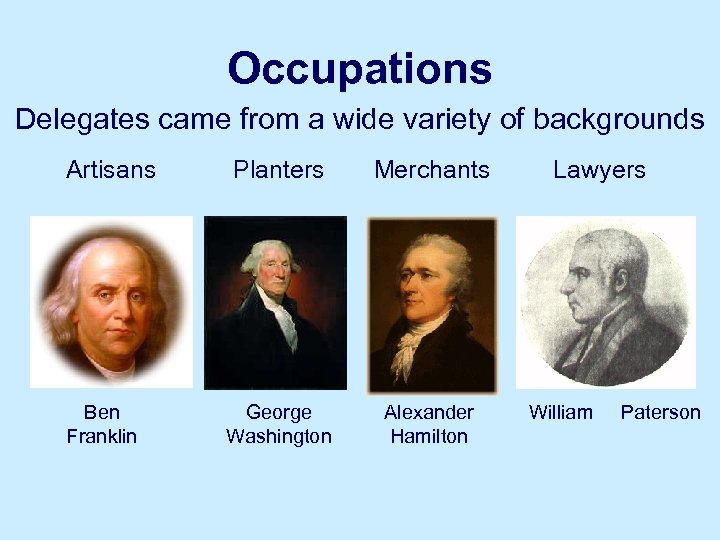 Occupations Delegates came from a wide variety of backgrounds Artisans Ben Franklin Planters Merchants