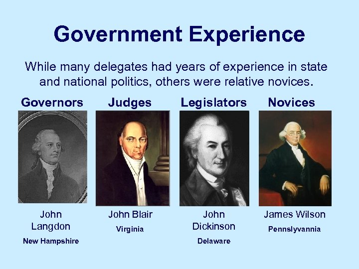 Government Experience While many delegates had years of experience in state and national politics,