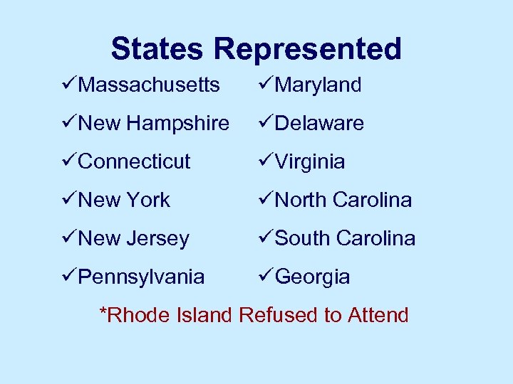 States Represented üMassachusetts üMaryland üNew Hampshire üDelaware üConnecticut üVirginia üNew York üNorth Carolina üNew