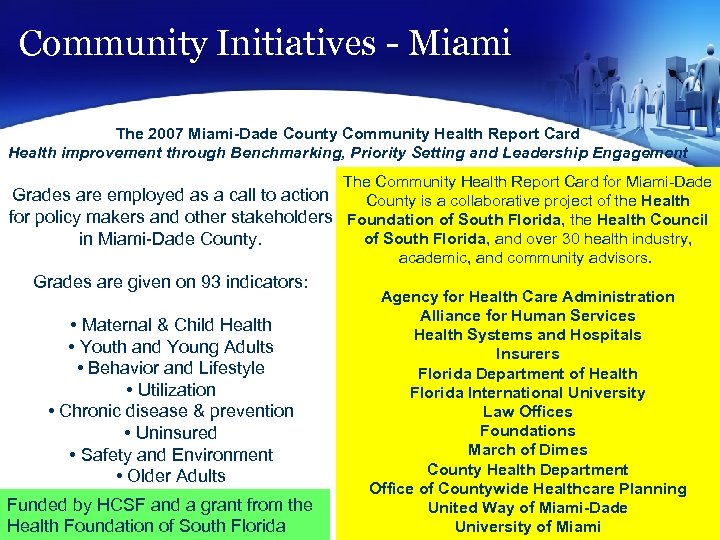 Community Initiatives - Miami The 2007 Miami-Dade County Community Health Report Card Health improvement
