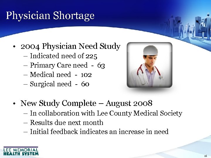 Physician Shortage • 2004 Physician Need Study – Indicated need of 225 – Primary