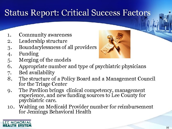 Status Report: Critical Success Factors 1. 2. 3. 4. 5. 6. 7. 8. Community