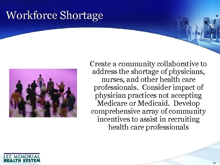 Workforce Shortage Create a community collaborative to address the shortage of physicians, nurses, and