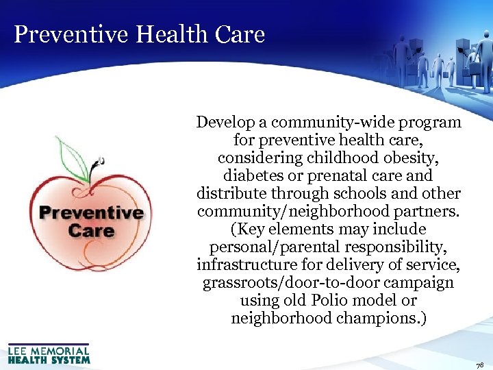 Preventive Health Care Develop a community-wide program for preventive health care, considering childhood obesity,