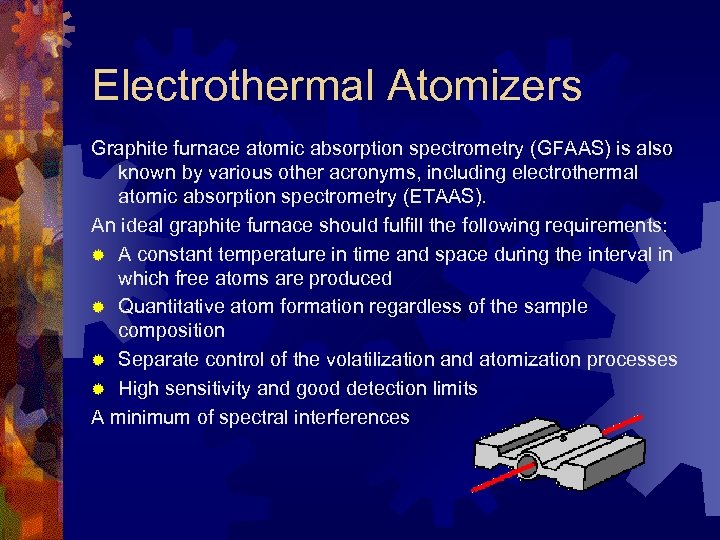 Electrothermal Atomizers Graphite furnace atomic absorption spectrometry (GFAAS) is also known by various other