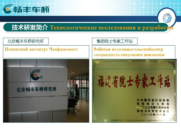 技术研发简介 Технологические исследования и разработки 北京畅丰车桥研究所 Пекинский институт Чанфын-мост 集团院士专家 作站 Рабочая исследовательскийцентр специалиста